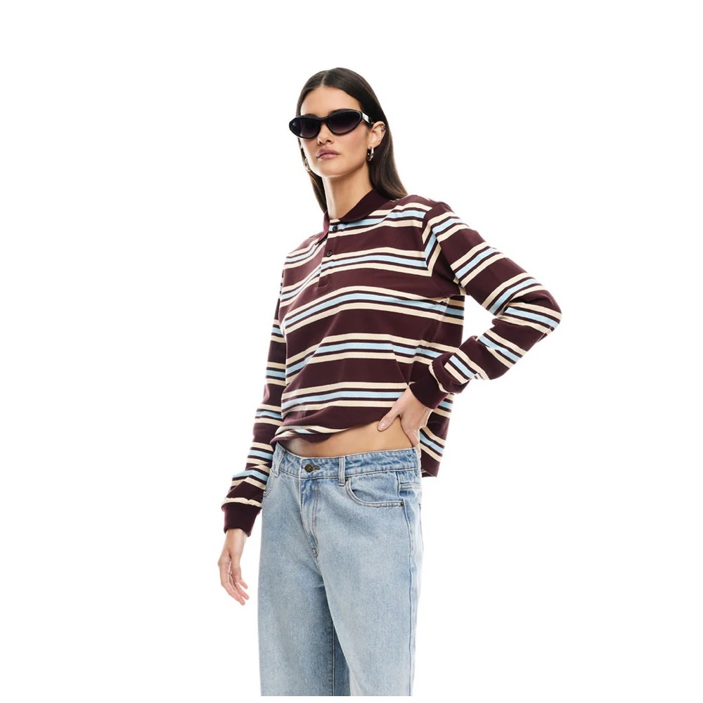 Lioness Brown and White Striped Long Sleeve Polo Top